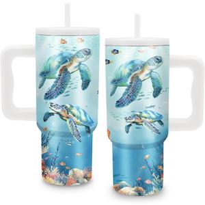 Sea Turtle Gifts - 24 oz Tumbler with Handle and Straw, Insulated Stainless Steel Cup, Leakproof, Blue Ocean Animal Lover Turtle Design Travel Mug for Women Fits Car Cup Holders, Keeps Drinks Cold/Hot