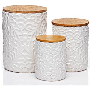 Engraved Design Kitchen Canisters Set of 3 with 74 Oz, 36 Oz, and 18 Oz - White Storage Jars for Countertop with Airtight Bamboo Lids - Large Flour Tea Coffee Sugar Spices Container - Decorative