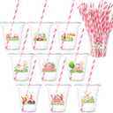 Yinder 50 Sets Pink Farm Animals Themed Party Plastic Cups with Lids 12 oz Disposable Clear Cups Pink Animal Farm Themed Party Favor Cups and Paper Straws