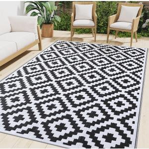 Smiry Waterproof Outdoor Rug 8x10 ft, Reversible Plastic Straw Patio Camping Rugs, Outdoor Indoor RV Mat Carpet for Patio, Outside Entry, Backyard, Deck, Bench, Picnic, Camper, Black & White