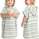 Konssy 100% Muslin Cotton Toddler Beach Towel Poncho with Hood, 24.5" x 21" | Soft & Absorbent, Lightweight Hooded Towel for Kids, Quick-Dry Towel for Pool & Bath, Front Pocket Design, 1-3 Years (Green)