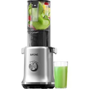 SIFENE Masticating Juicer Machine – 4.3” Extra Large Feed Chute, BPA-Free Cold Press, Easy Assembly & Hand Wash, Quiet Motor, High Juice Yield for Whole Fruits, Celery, Carrot, Leafy Greens, Gray