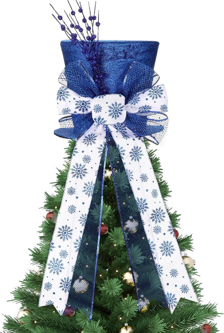 Poen Christmas Tree Topper Hat Shiny Sequins Top Hat with Bow Lengthened Ribbon Tree Topper Santa Christmas Decorations for Xmas Gift Ideas Holiday Winter Party Ornament Supplies(Royal Blue)