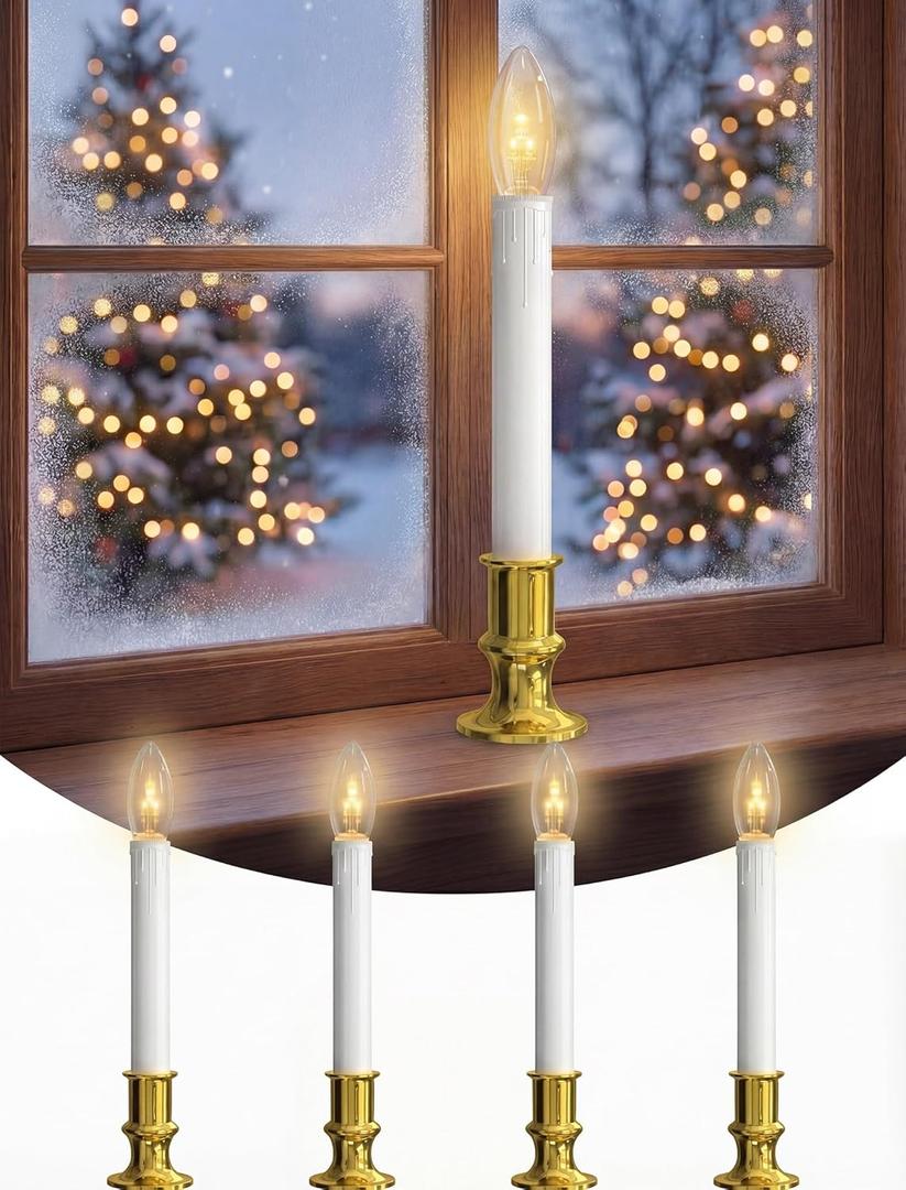 Oviejo 4 Pack Christmas Electric Candles, Dusk to Dawn Candle Lamps with Gold Base, Christmas Window Candles with On/Off for Home Table Weddings Holiday Decor (BO tear candlestick)