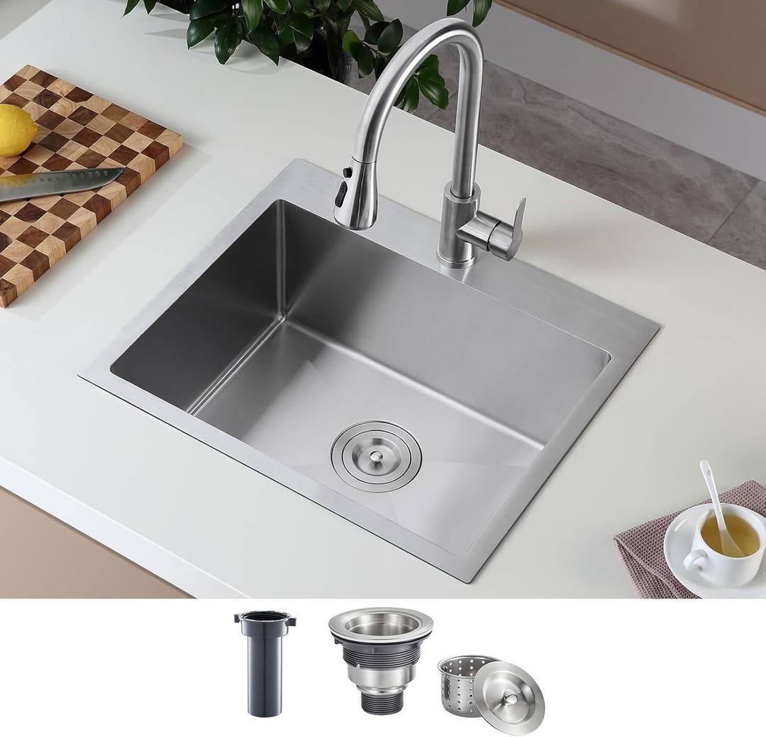 21 Inch Kitchen Sink Single-Bowl - Drop in Stainless Steel Residential Sink with Single Hole, Top-Mount Modern Sinks with Rear Drain, Nano-Silver, 21" X 18" X 9"