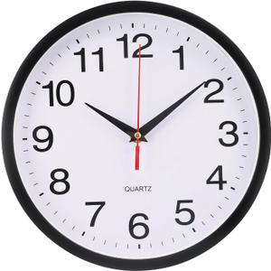 Wall Clock Plastic Frame Silent Non-Ticking Round Indoor Clock Analog Battery Operated Modern Wall Clocks for Home, Office, Hotel, Bedroom, Living Room, Kitchen (Black, 10inch)