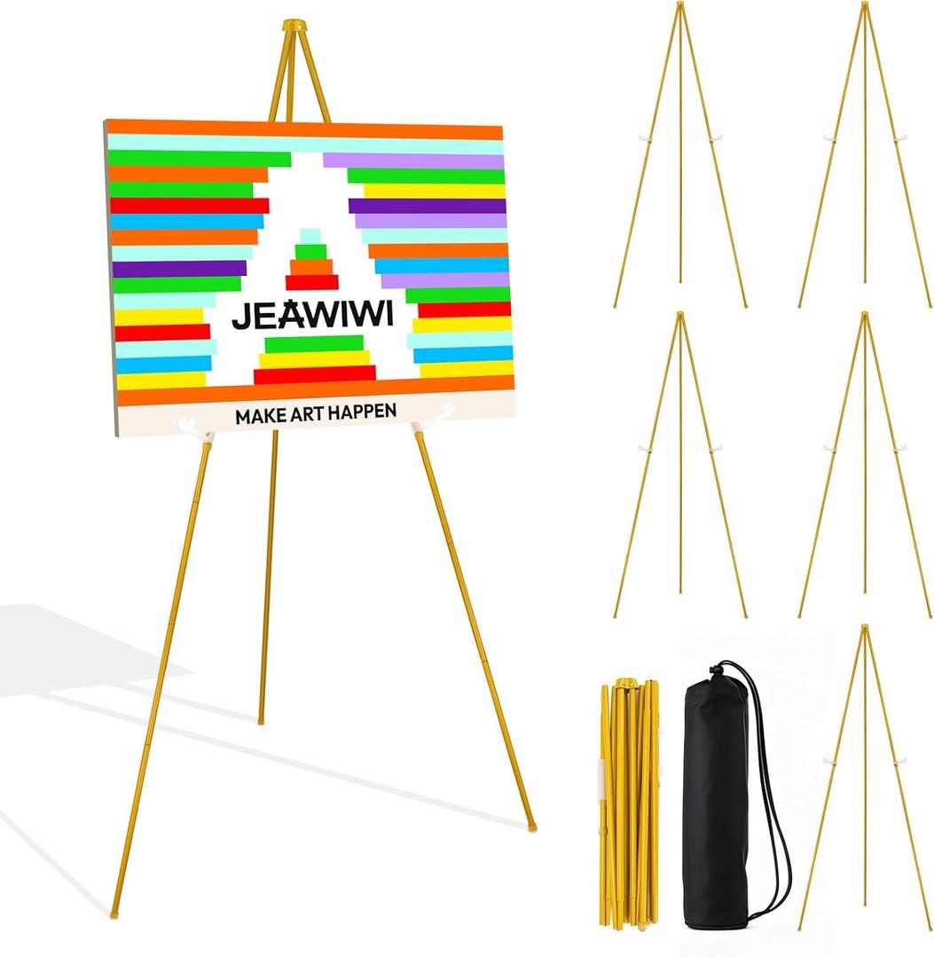 JEAWIWI 6PCS Golden Easel Stand for Wedding Sign Stand, 66 Inch Adjustable Metal Easels for Display, Portable Folding Easel for Wedding, Display Show, Arts, Poster with Portable Bags