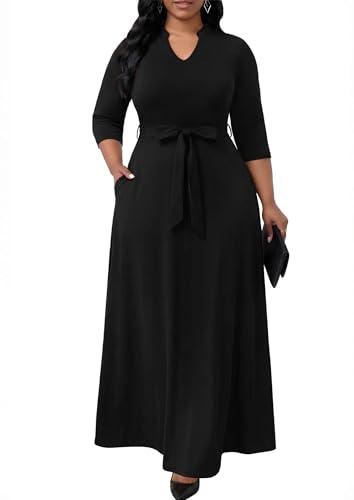 FANDEE Maxi Dress for Women, Casual V Neck 3/4 Sleeve Long Dresses with Pockets Black 3XL