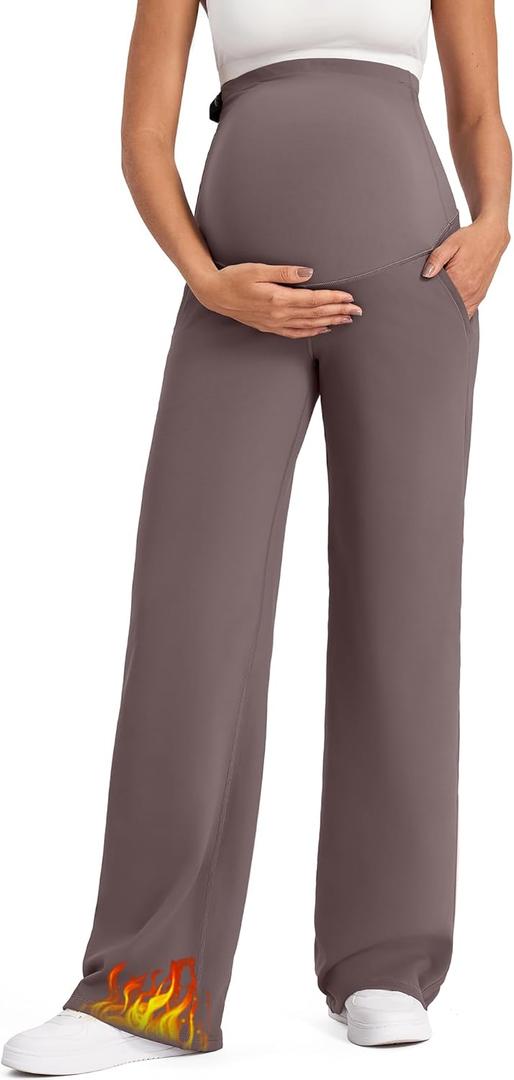 G4Free Fleece Lined Maternity Yoga Pants Over The Belly Stretchy Wide Leg Warm Pregnancy Work Trousers with Pockets (X-Large Tall, Taupe)