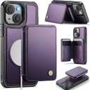 Compatible with Magsafe for iPhone 14 Plus Wallet Case Magnetic Card Holder, RFID Blocking 2 in 1 Detachable Kickstand Shockproof Case for Women Men, Purple