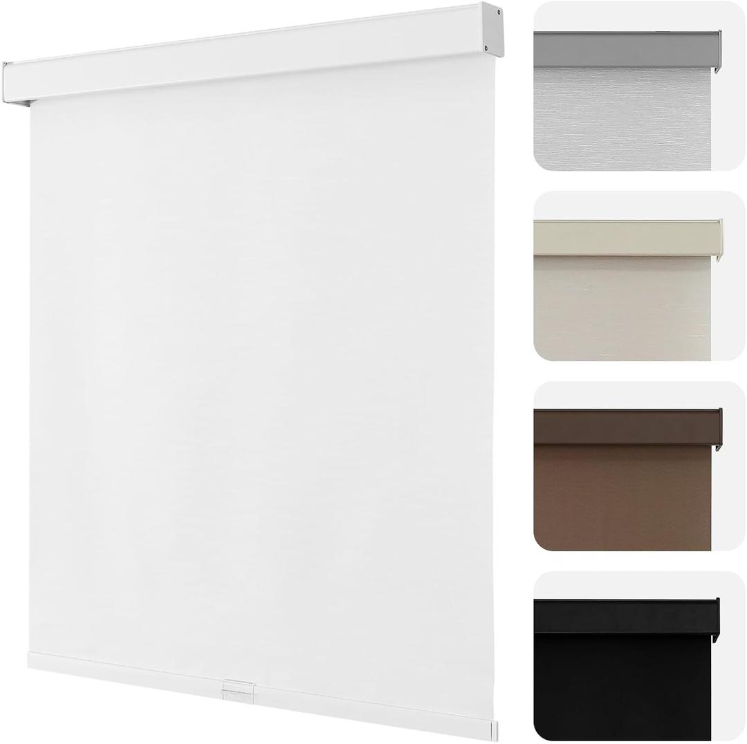 Joydeco 100% Blackout Roller Shades Cordless Blinds for Windows, Free-Stop Shades, UV Protection, Natural Woven Blinds for Home and Office, Light-Proof Aluminum Cover (46" W x 75" H, White)