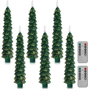 Funtery 6 Pcs LED Christmas Tree Flameless Taper Candles Real Wax Battery Operated Candlestick Lights with 3D Flame and Remote Timer Window Fireplace(Gold Edge,Christmas Tree)