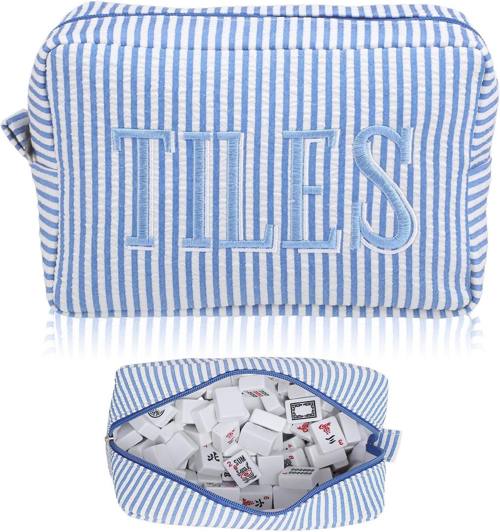 Empty Mahjong Bag Thickened American Mahjong Tiles Bag with Zipper Storage Pouch for Board Game Pieces Game Party Travel Gatherings Accessories, 10.4''x5.6'', Case Only (Tiles,Striped Blue)