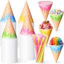 Honeydak 100 Pcs 6 oz Snow Cone Cups with Spoon Straws Disposable Paper Shaved Cups for Ice Cream Birthday Party Supplies, about 4.72 x 3.4 inches