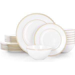KINGSTONE Bone China Dinnerware Sets, 24-Piece Dishes Set for 8, Elegant Gold Trim Ceramic Plates & Bowls, Luxury Gift, Lightweight Translucent Dishware for Family Dining, Festival Banquet & Party