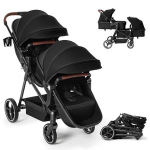 Double Stroller Newborn and Toddler, Foldable Tandem Twin Baby Travel Stroller, Storage Basket/Cup Holder, Adjustable Backrest, Reversible Seat, for 0-3 Kids