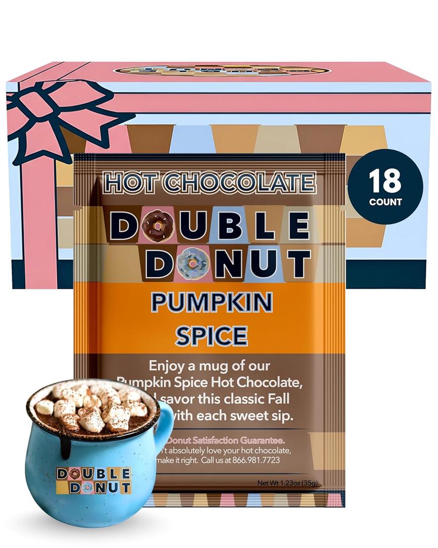 Double Donut Coffee Pumpkin Spice Hot Chocolate Mix Packets, Flavored Pumpkin Spice Hot Cocoa Mix, 18 Count