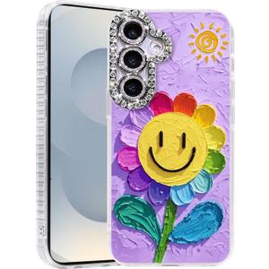 Compatible with Samsung Galaxy S24 Plus & S25+ Case,with [Shockproof Protective][Camera Protection] Cute Rainbow Flower Aesthetic Phone Cover Soft Slim Cover for Women Girl-Purple