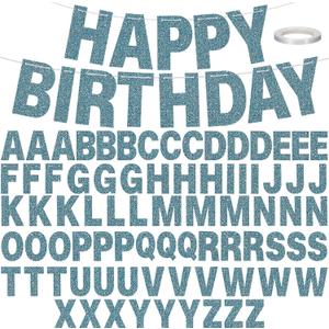 TaoBary 78 Pcs Make Your Own Banner Kits Large Size 6 Inch DIY Glitter Letter Pack Reuse Letters Banner Kit with White Ribbon for Birthday Wedding Shower Party Favor Wall Decor (Glitter Blue)