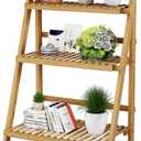 39.4" Foldable Plant Shelf Ladder Shelf, 3 Tier Bamboo Ladder Flower Pot Display Shelf, Freestanding Ladder Bookshelf for Garden, Balcony, Yard, Living Room, 23.6"W x 15"D x 39.4"H, Natural