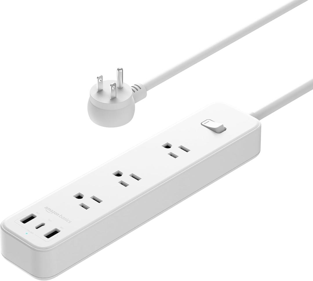 Amazon Basics Rectangle Power Strip 3 Outlet 3 USB Ports, 1 USB-C and 2 USB-A, 5 ft Extension Cord, for Home, Office, Travel, White