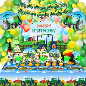 Farm Green Tractor Birthday Party Supplies, Tractor Birthday Decorations with Tractors Balloons, Backdrop, Tablecloth, Banner, Cake Toppers, John Deere Party Supplies Plates Napkins