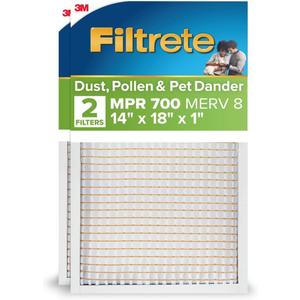 Filtrete 14x18x1 AC Furnace Air Filter, MPR 700, MERV 8, Tough on Pollen, Easy on Airflow, 3-Month Pleated 1-Inch Electrostatic Air Cleaning Filter, 2-Pack (Actual Size 13.81 x 17.81 x 0.81 in)