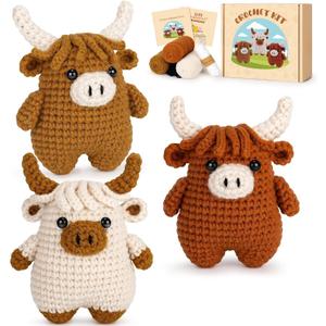 Fortuning's JDS Crochet Kit for Beginners - Crochet Highland Cow Beginner Crochet Kit for Adults, Complete Scottish Cow Crochet Animal Kits, Easy Crocheting Knitting Starter Kits Gifts, Brown Highland Cow