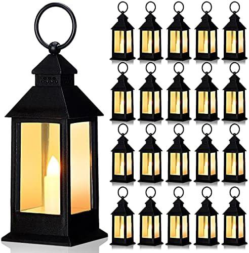 Hoolerry 24 Set Christmas Mini Lanterns with LED Candles 5.5'' Decorative Hanging Small Vintage Lantern Centerpiece Battery Powered for Wedding Table(Black)