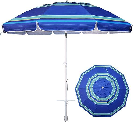 AMMSUN 8 Feet Large Beach Umbrella with Sand Anchor Heavy Duty High Wind Portable Outdoor Umbrellas UV 50+ Protection Air Vent Tilt Patio Garden Pool Blue Stripe