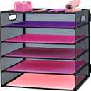 5 Tier Lettrer Tray Organizer, Metal Mesh Desk File Organizer with Sliding Trays, Paper Sorter Desk Organizer for Home Office School, Black