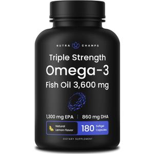 Triple Strength Omega 3 Fish Oil 3600 mg | EPA & DHA | 180 Softgels | Burpless Fish Oil Supplement, Wild Caught | Over 2100mg Omega-3 Fatty Acids Supplements | Natural Lemon Flavor Omegas 3 Pills, EXP: 04/2027