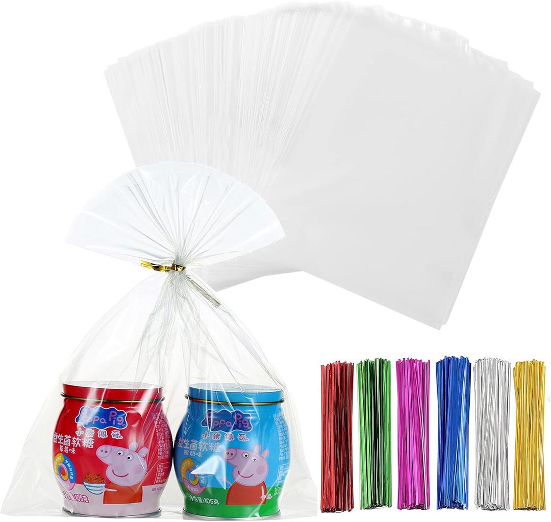100 Pcs 8" x 10" Clear Thick Cello Treat Bags Flat Cellophane Bags With 6 Colors Twist Ties Packaging Wrapping Cookies Candies Dessert Gift Cellophane Bags