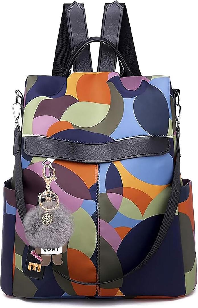 Anti-theft Backpack Purse for Women, Unique Geometric Print Small Fashion Daypack, Water-Resistant Oxford Shoulder Bag with Back Access - Each Pattern is One-of-a-Kind (Colorful)