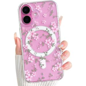 NITITOP Compatible with iPhone 16 Plus Case Cute Clear Magnetic Compatible with MagSafe Flowers Floral Plant Leaves for Women Girls Hard PC Back Shockproof Protective Phone Cover - Pink