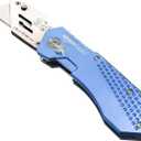 Amazon Basics Folding Utility Knife Box Cutter with Locking Mechanism, Quick Change Blade, Lightweight Aluminum Body, Holster, Light Blue