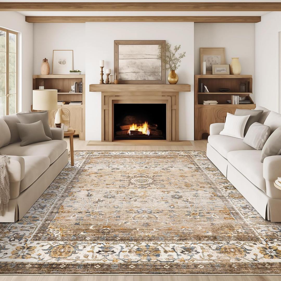 Washable Area Rug 8x10, Large Soft Rugs for Living Room - Stain Resistant Non-Slip Backing Rugs for Bedroom, Vintage Large Area Rug (Turmeric/Grey,8'x10') (Apricot/Blue)