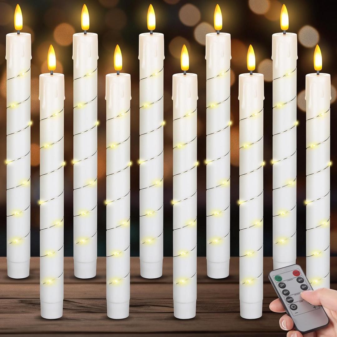 Rossesay 10 Pcs LED Flameless Taper Candles with String Light and Remote Ivory Battery Powered Flameless Candlesticks 10 Inch Flickering Plastic LED Window Candles for Wedding Christmas Decoration