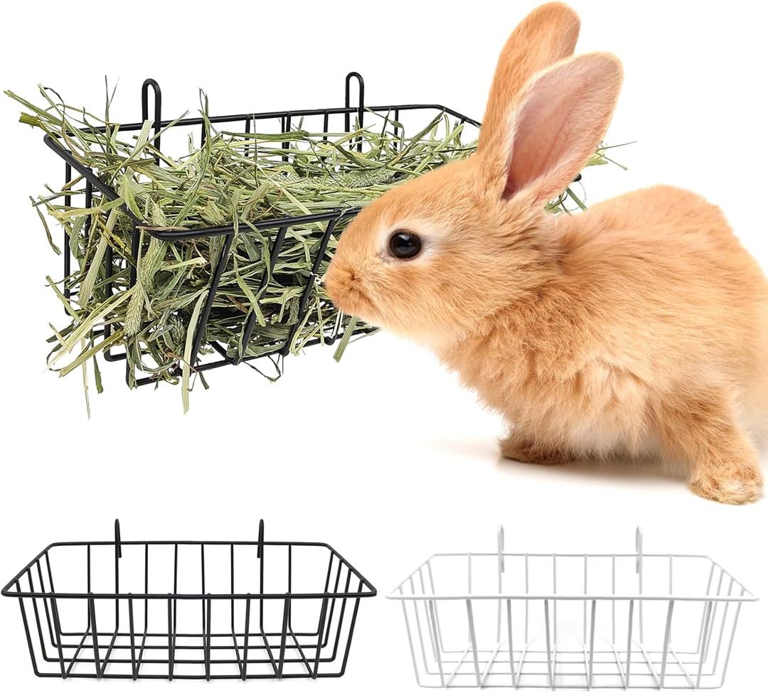 Rabbit Hay Feeder - 2Pcs Metal Rack Hay Holder for Guinea Pig Small Animals Grass Rack for Bunny Chinchilla Cage Reduce Mess 9x4x3 Inch (1 Black & 1 White)