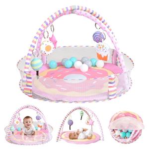 4-in-1 Baby Play Mat & Baby Play Gym,Baby Girl Play Mat Activity Gym, Pink Donut Tummy Time Mat for Babies and Toddlers, Infant Activity Center for Newborn to Develop Motor Cognition