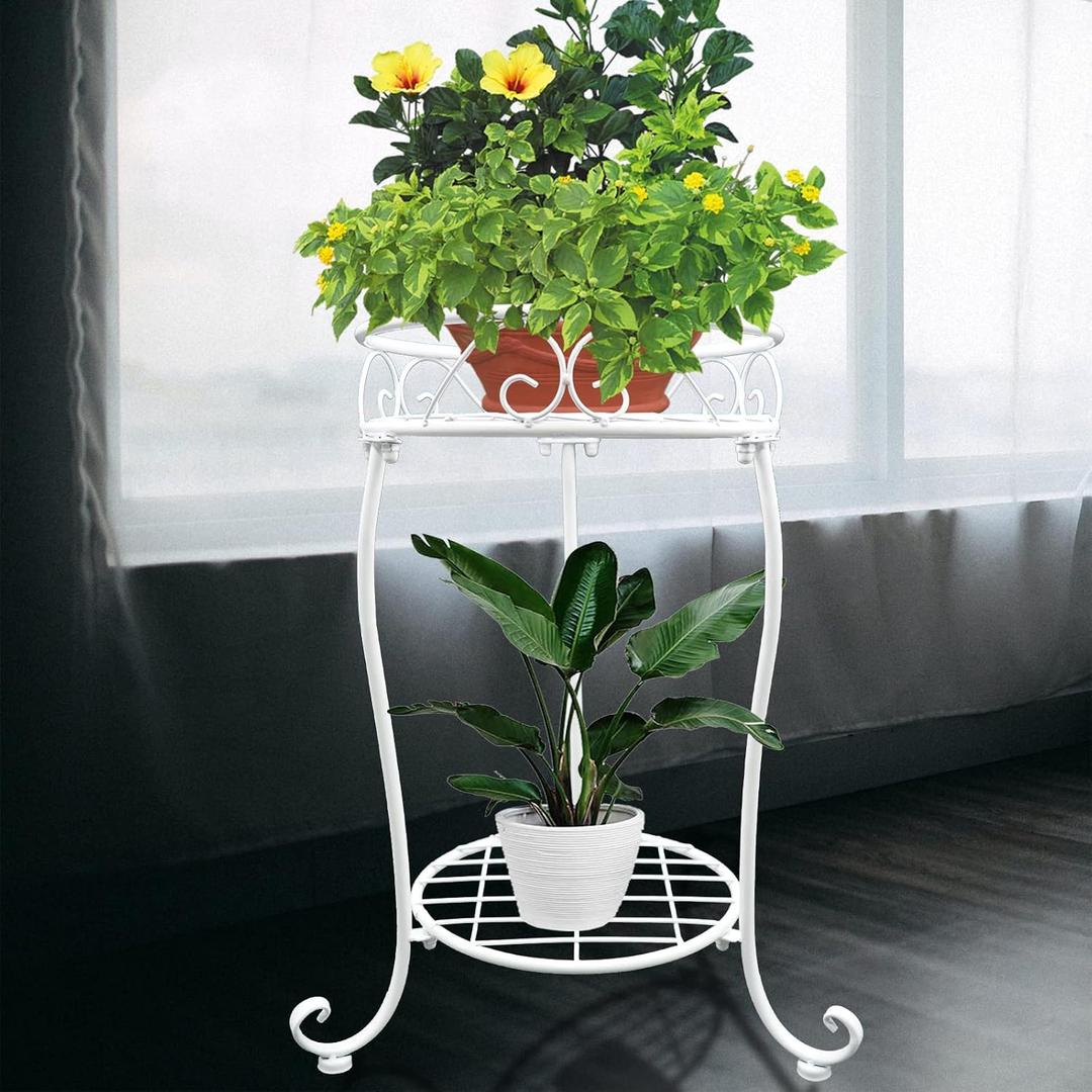 NAKUPE White Metal Plant Stand, 18.5 inch Tall 2 Tier Potted Holder Rack, Heavy Duty Flower Pot Shelf for Indoor Outdoor Patio Balcony Corner Garden