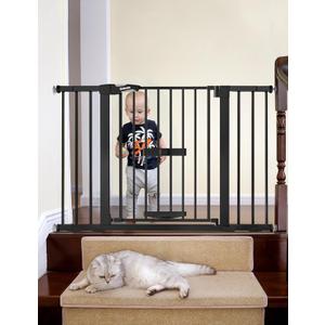 BABELIO 29-48" Extra Wide Baby Gate with Cat Door, Auto Close Metal Pet Door for Stairs, Doorways, House, Pressure/Hardware Mounted, Easy Walk Thru, Black