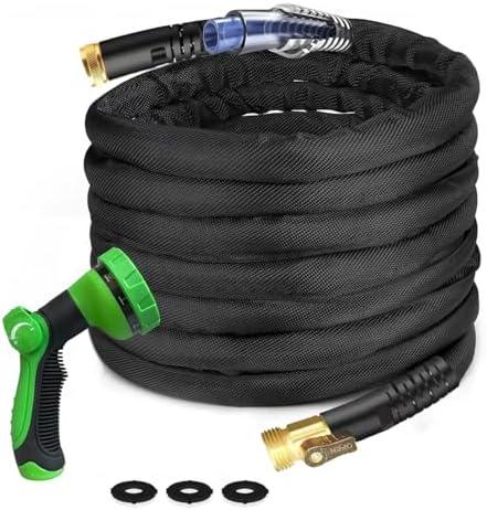 100Ft Non-Expandable Garden Hose, Flexible Water Hose with 10-Pattern Spray Nozzle, Lightweight Hose Pipe, Kink-Free, Leak-Proof, 3/4" Solid Metal Fittings (Black)