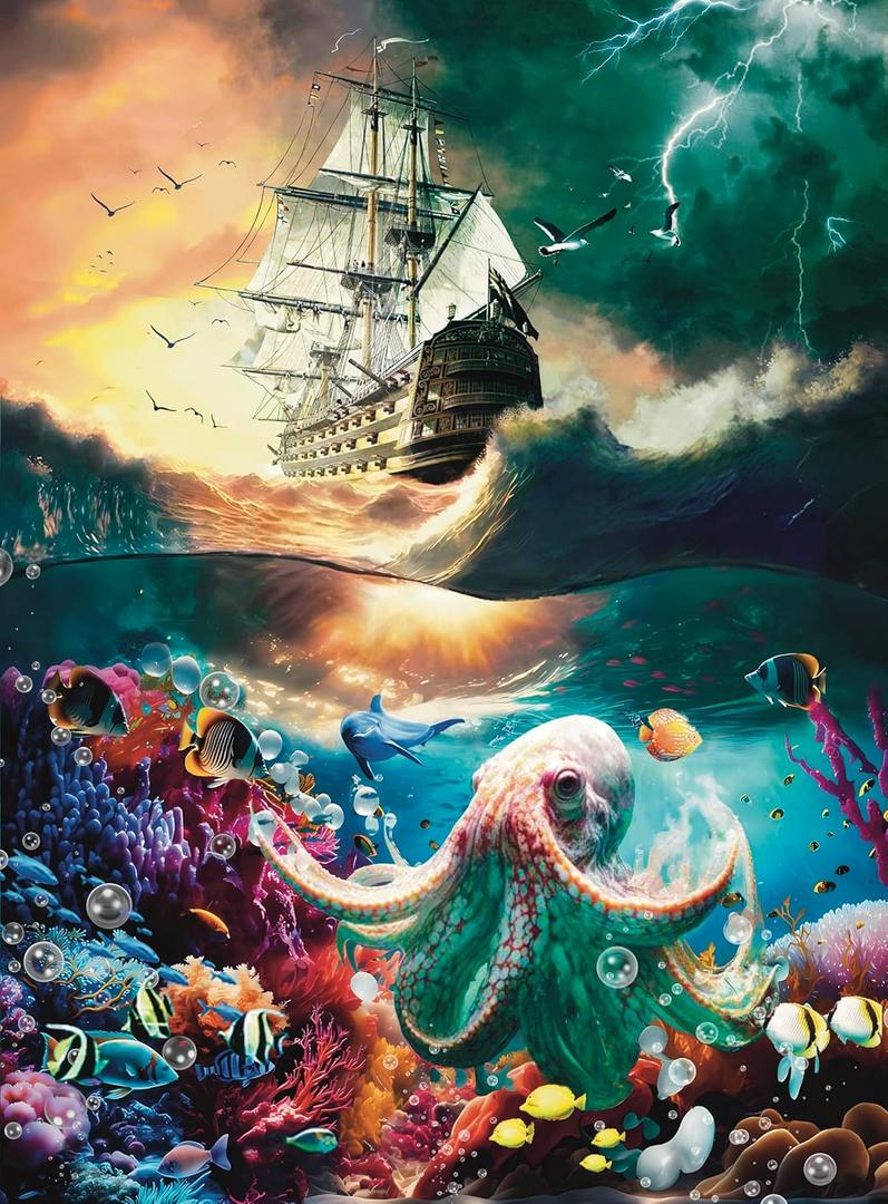 Premium 1000 Piece Jigsaw Puzzle for Adults -27x20 Unique Marine Artwork Pirate shipoctopus Puzzle - Unique Brain Teaser, Difficult and Challenge Large Puzzle Game Toys Gift