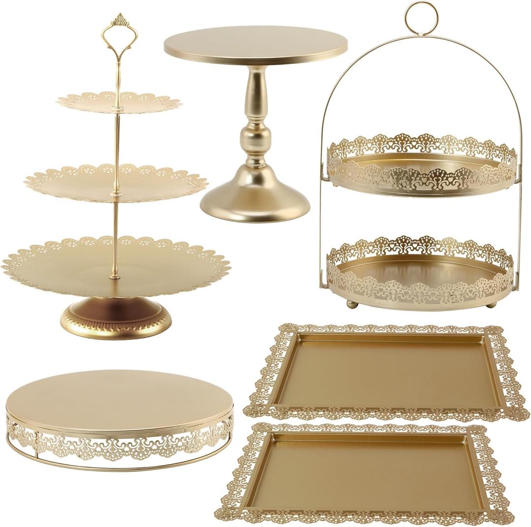 6 Pcs Gold Cake Stands Set, QENUIITEA Cake Display Pedestal Tiered Cupcake Holder Dessert Plate Serving Tower Tray Decorative for Wedding Birthday Party Baby Shower Celebration