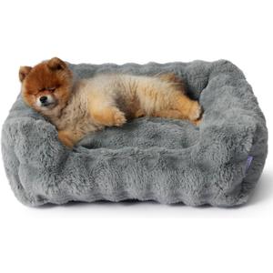 Lesure Fluffy Dog Beds for Small Dogs - Orthopedic Rectangle Calming Pet Sofa, Plush Bubble Bolster Puppy Bed with Removable Washable Cover and Nonskid Bottom,25x21x7inches,Grey