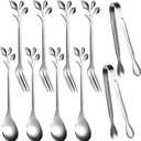 Sieral 10 Pieces Leaf Coffee Spoons, Mini Serving Tongs and Appetizer Forks Stainless Steel Sugar Cube Tongs Dessert Spoons Metal Dinner Forks for Dessert Coffee Tea (Silver)
