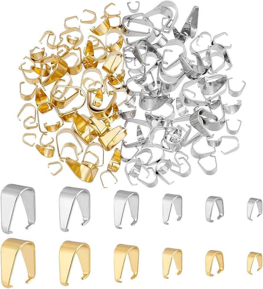 PH PandaHall 148pcs 6 Sizes Pinch Bails Snap on Bails Necklace Bails Pendant Connectors Stainless Steel Clip Links Charm Attachment Clasps for Jewelley Making DIY Crafts 6~13.5mm, Golden & Silver