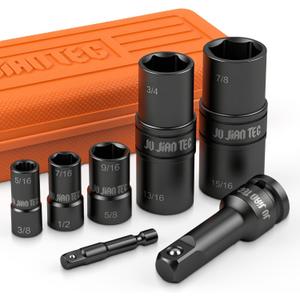 Lug Nut Impact Socket Set, Impact Driver Flip Socket, Five Sockets with 1/4-Inch Hex and 1/2-Inch Square Socket Adapters, Premium CR-MO Steel, with Molded Case