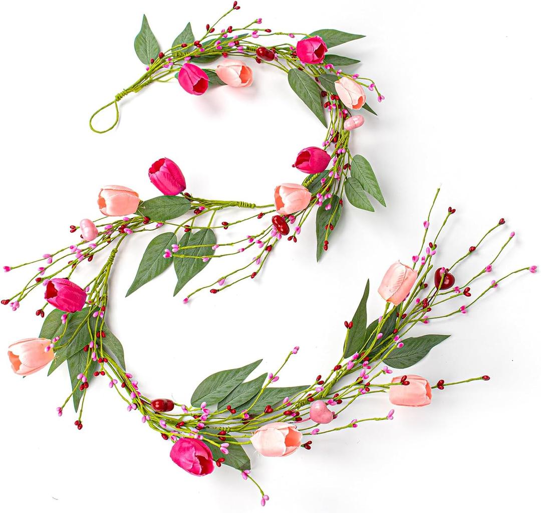 5 FT Artificial Valentine Garland Romantic Valentines Day Garlands Farmhouse Valentines Day Floral Garlands with Tulip Heart Berries for Mantle Table Stairs Indoor Outside Holiday